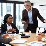 **Image:** A diverse group of business professionals actively participating in a workshop led by a confident business coach. The scene should convey learning, interaction, and professional development. Focus on modern office setting, use natural lighting.