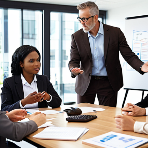 Home 11 **Image:** A diverse group of business professionals actively participating in a workshop led by a confident business coach. The scene should convey learning, interaction, and professional development. Focus on modern office setting, use natural lighting.
