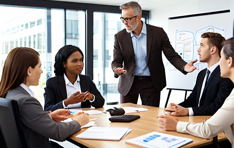 **Image:** A diverse group of business professionals actively participating in a workshop led by a confident business coach. The scene should convey learning, interaction, and professional development. Focus on modern office setting, use natural lighting.