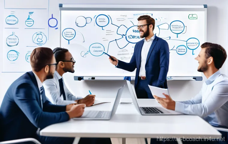 비즈니스 코칭 필수 도구와 리소스 - **Prompt 1: Strategic Planning and Collaborative Innovation**
    A diverse group of five profession...
