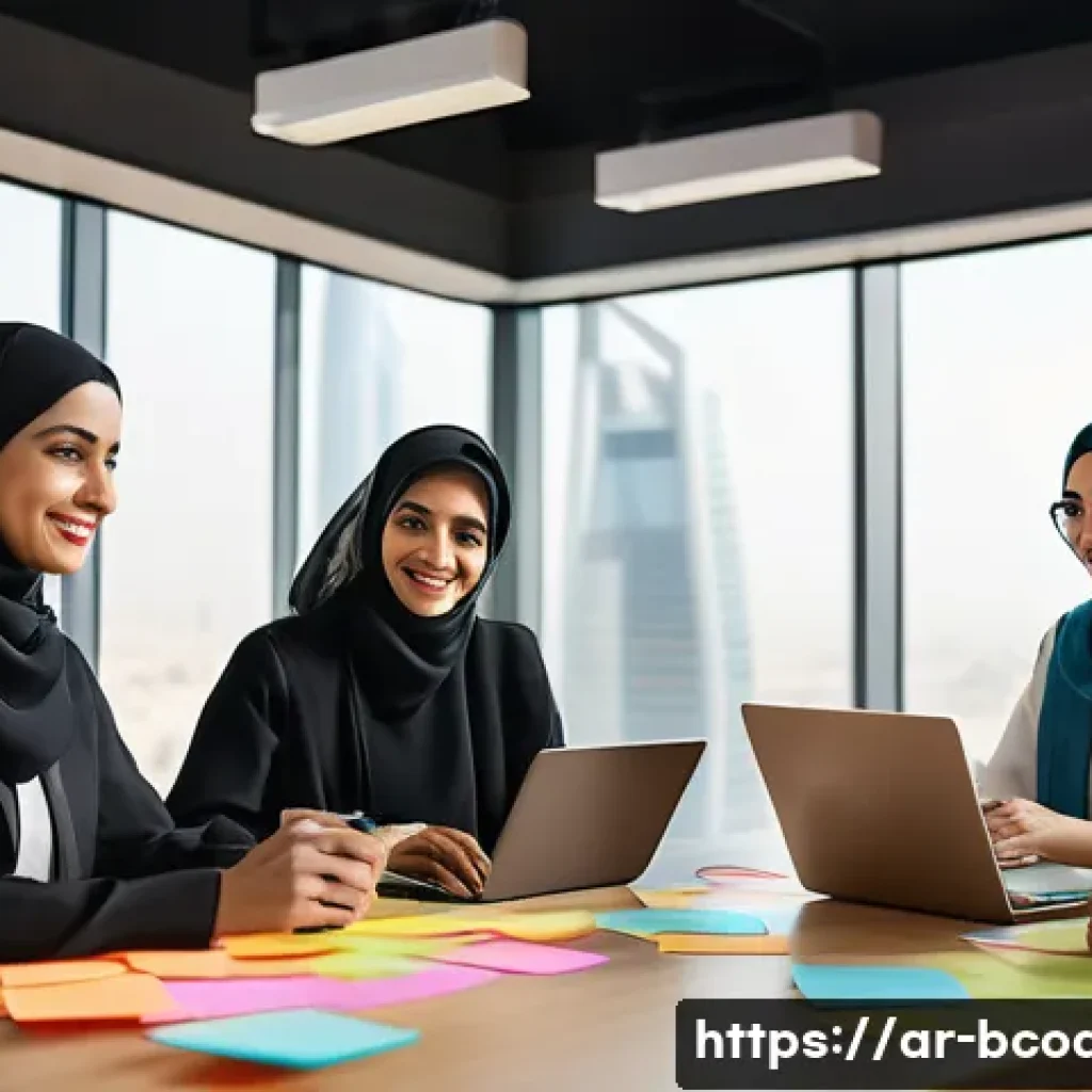 비즈니스 코칭과 업무 우선순위 설정 - A modern Middle Eastern office scene showing a diverse Arabic-speaking team collaborating around a l...