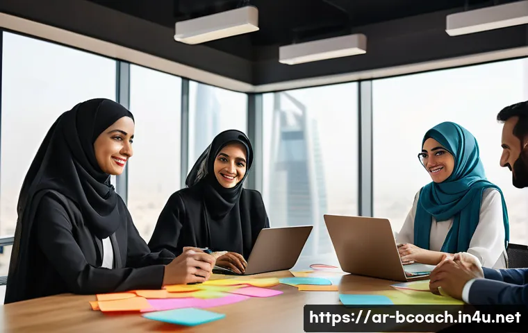 비즈니스 코칭과 업무 우선순위 설정 - A modern Middle Eastern office scene showing a diverse Arabic-speaking team collaborating around a l...
