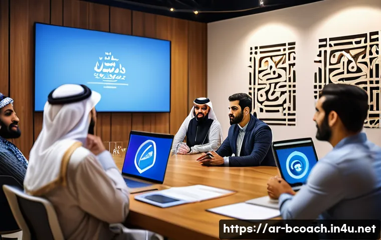 비즈니스 코치로 창업하는 방법 - A professional Arab business coach conducting an interactive workshop in a modern conference room, d...