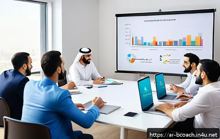 비즈니스 코칭 워크샵 운영 가이드 - A professional business workshop scene in a modern conference room filled with diverse Arabic-speaki...