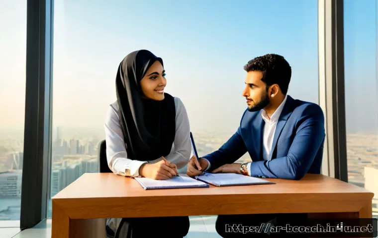 비즈니스 코칭과 시간 관리 - Photorealistic business coaching session in a modern Gulf city office, confident Arab business coach...