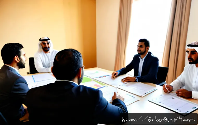 비즈니스 코칭의 도입 효과 - Photorealistic business coaching session in a modern Gulf-region office, confident Arab business coa...